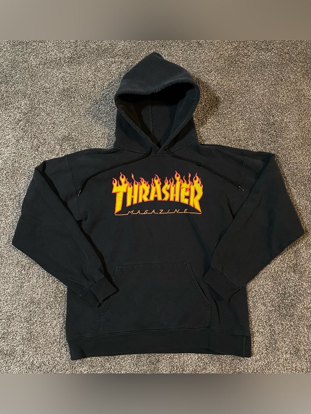 Thrasher Black Hoodie with Yellow-Orange Flame Logo - Men